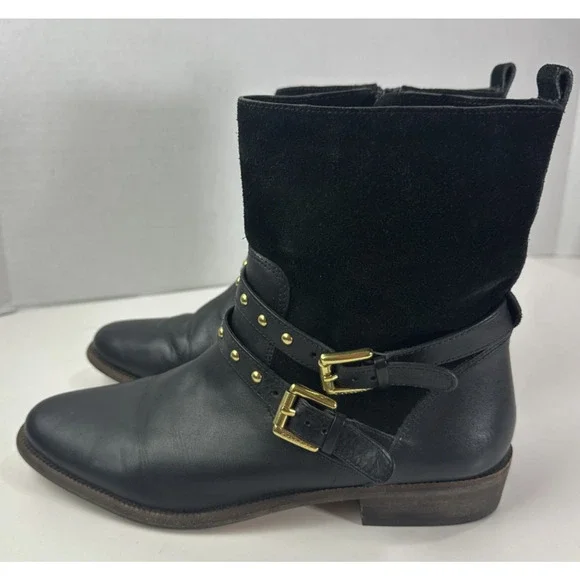 Coach Lilliana Leather Ankle Moto Boots Size 7.5 B Gold Studded Buckle Shoes - Picture 3 of 16